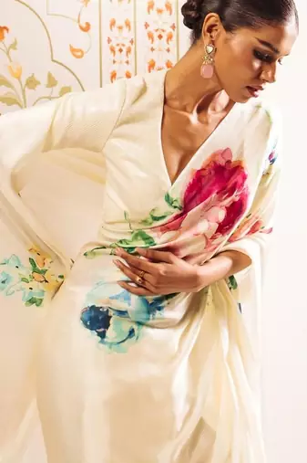 Off white floral sequinned satin designer block print saree