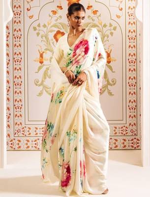 Off white floral sequinned satin designer block print saree 4