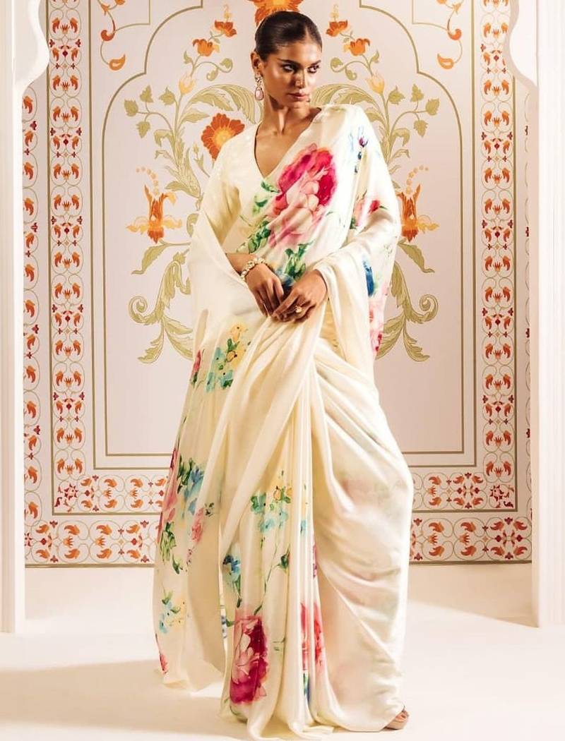 Off white floral sequinned satin designer block print saree