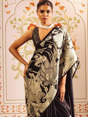 Black floral satin designer saree 1