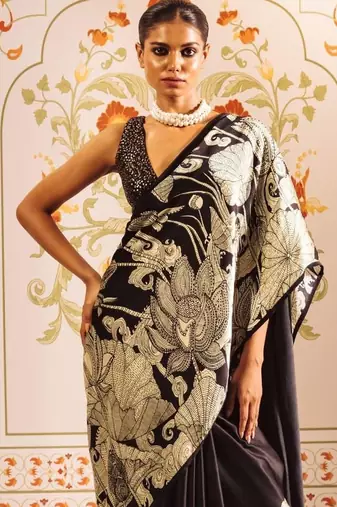 Black floral satin designer saree