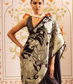 Black floral satin designer saree