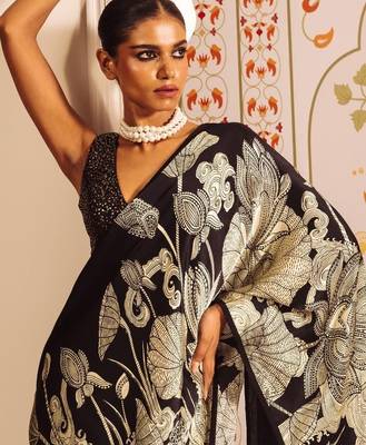 Black floral satin designer saree 2