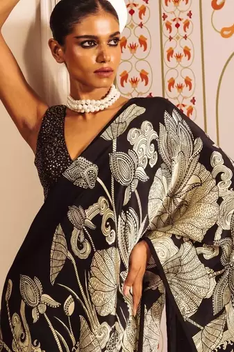Black floral satin designer saree
