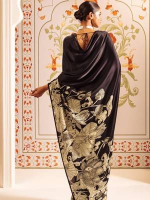 Black floral satin designer saree 3