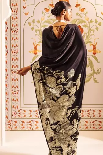 Black floral satin designer saree