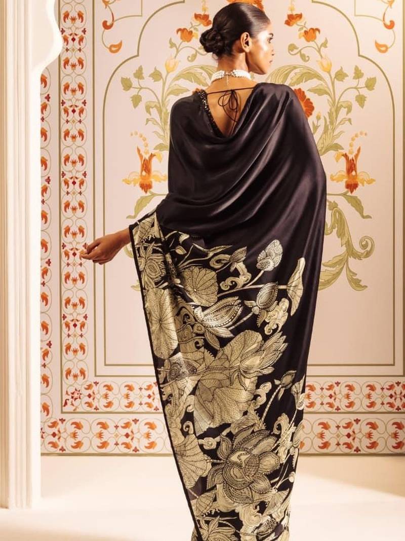 Black floral satin designer saree