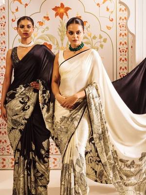 Black floral satin designer saree 4
