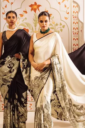 Black floral satin designer saree