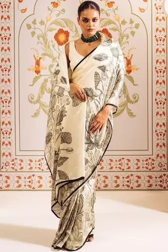 White floral satin saree