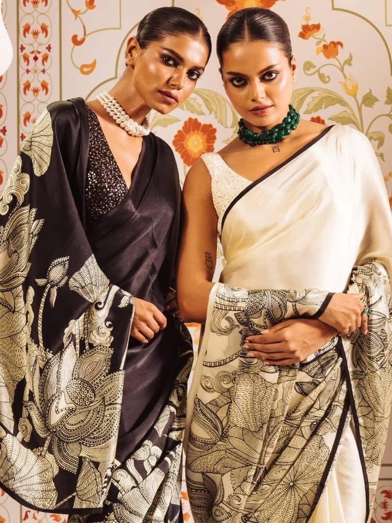 White floral satin saree