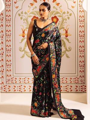 Black floral satin saree 1