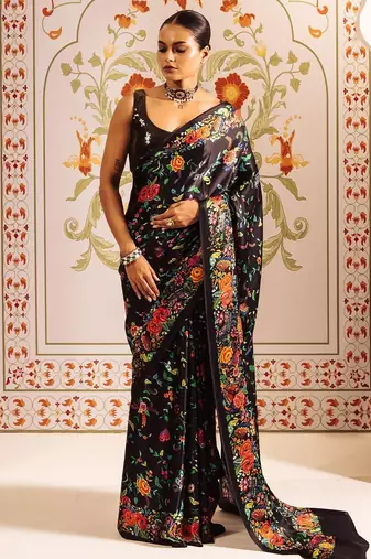 Black floral satin saree
