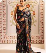 Black floral satin saree