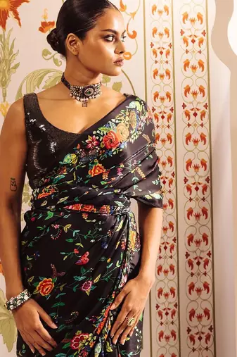 Black floral satin saree