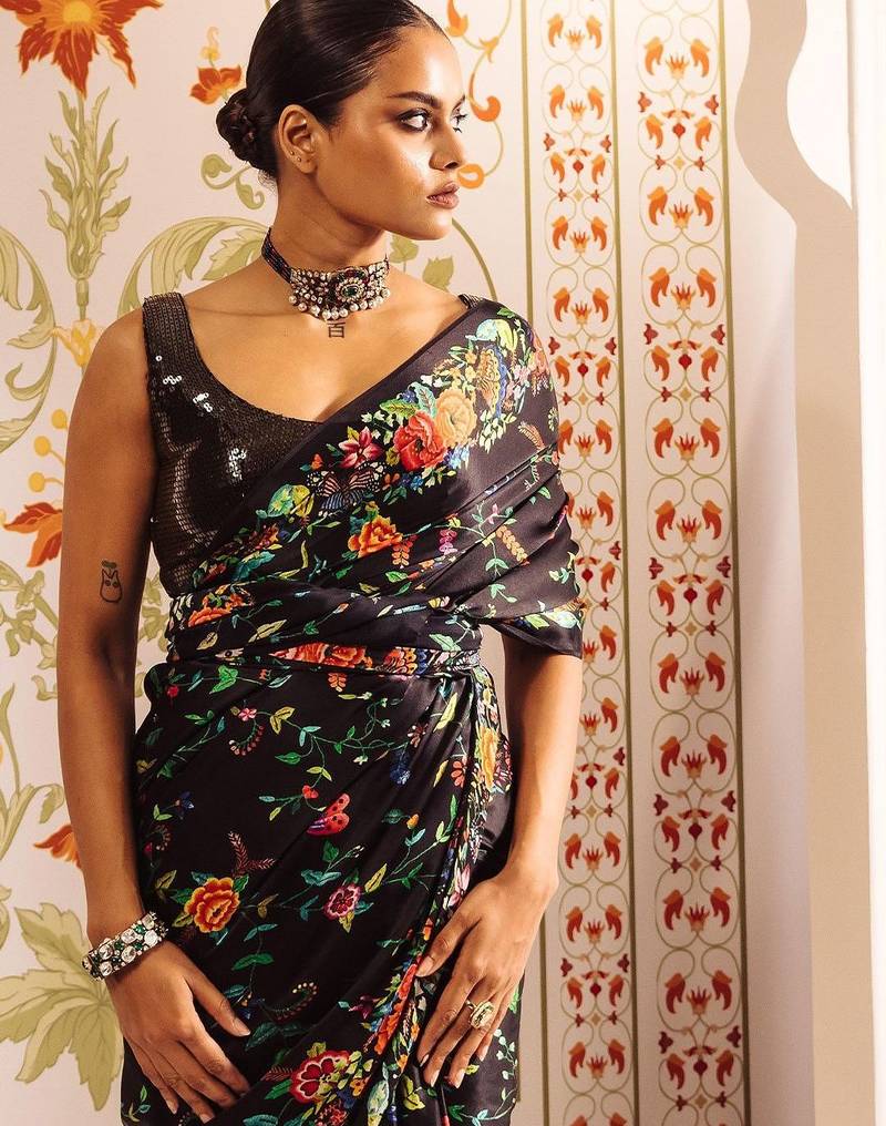Black floral satin saree