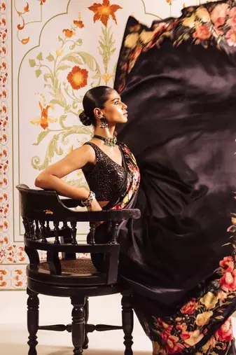 Black satin saree