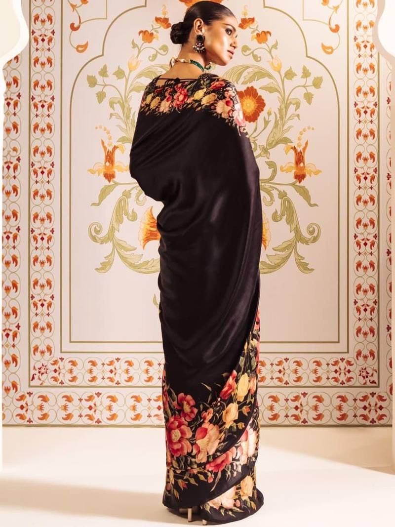 Black satin saree