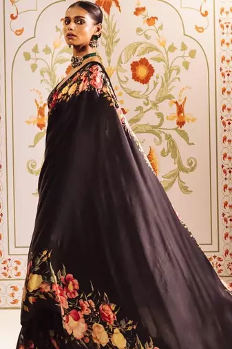 Black satin saree