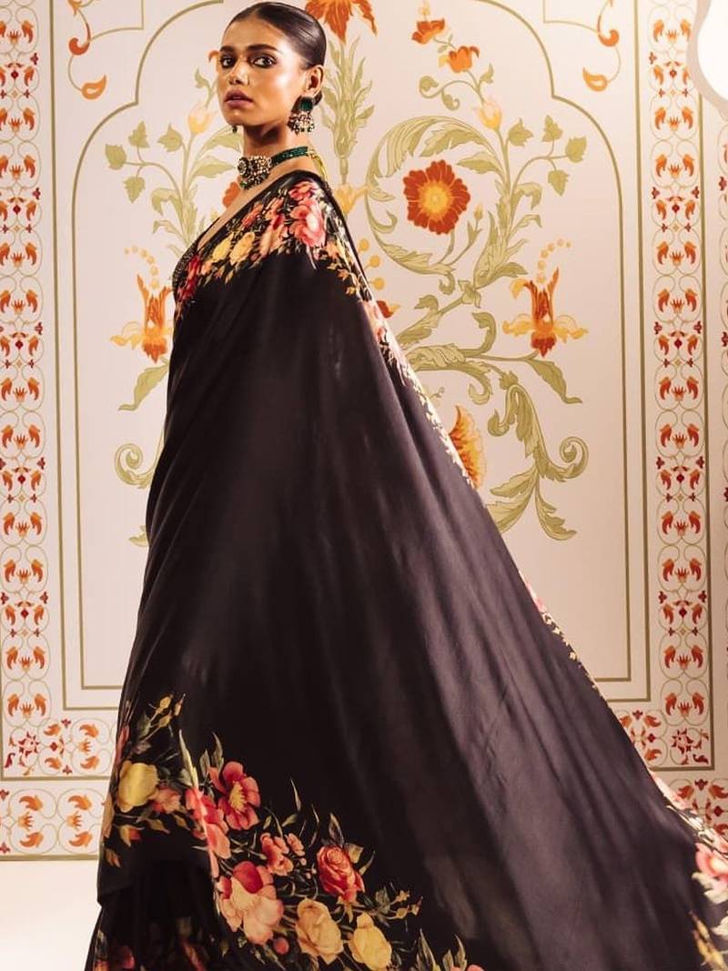 Black satin saree