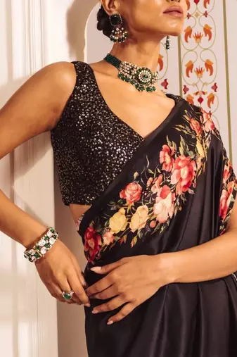 Black satin saree