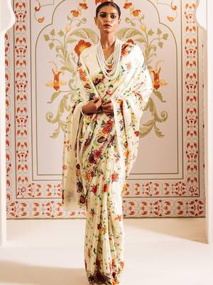 Off white floral satin designer saree 1