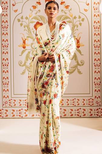 Off white floral satin designer saree