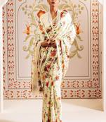 Off white floral satin designer saree