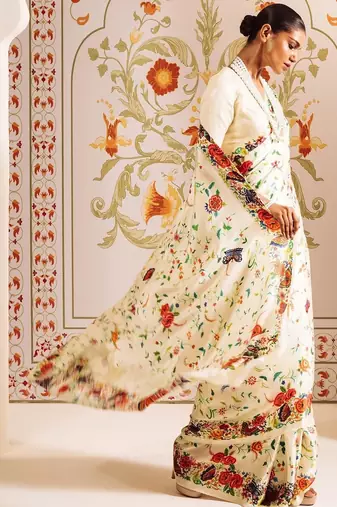 Off white floral satin designer saree