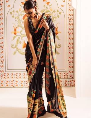 Black ethnic motifs sequinned satin designer saree 1