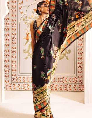 Black ethnic motifs sequinned satin designer saree 2