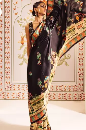 Black ethnic motifs sequinned satin designer saree