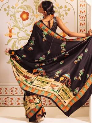 Black ethnic motifs sequinned satin designer saree 3