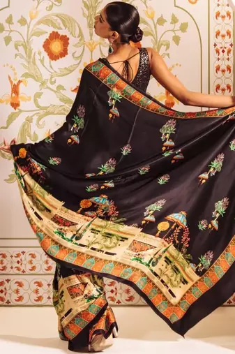 Black ethnic motifs sequinned satin designer saree