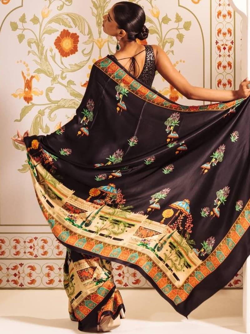 Black ethnic motifs sequinned satin designer saree