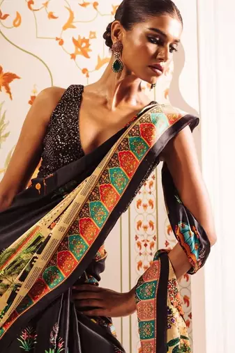 Black ethnic motifs sequinned satin designer saree