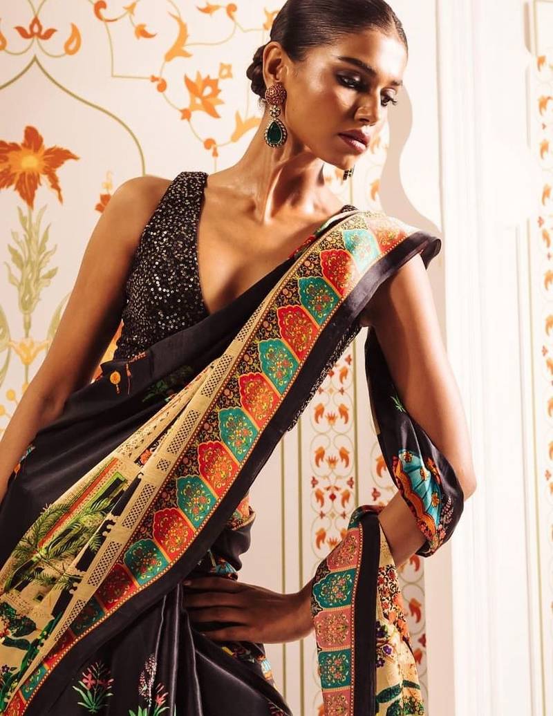 Black ethnic motifs sequinned satin designer saree