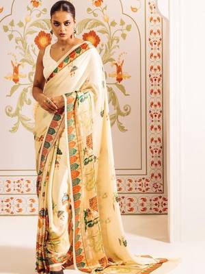 Off white ethnic motifs satin designer saree 1