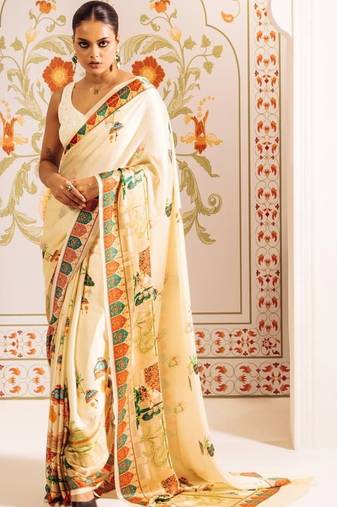 Off white ethnic motifs satin designer saree