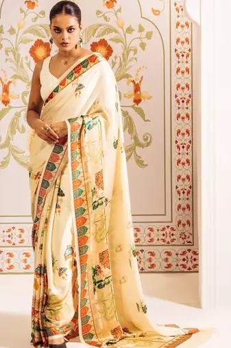 Off white ethnic motifs satin designer saree