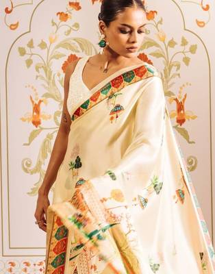 Off white ethnic motifs satin designer saree 2
