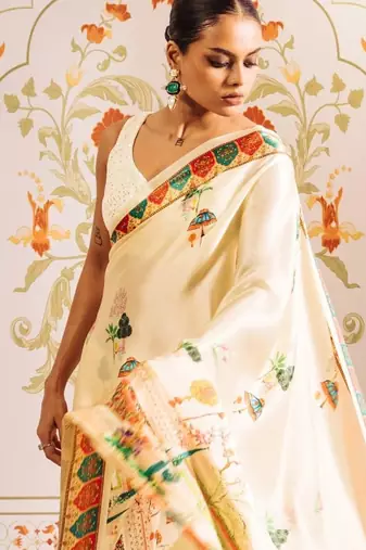 Off white ethnic motifs satin designer saree