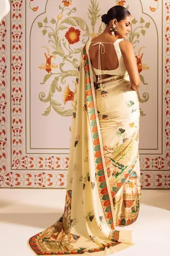 Off white ethnic motifs satin designer saree