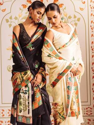 Off white ethnic motifs satin designer saree 4