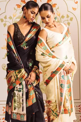 Off white ethnic motifs satin designer saree