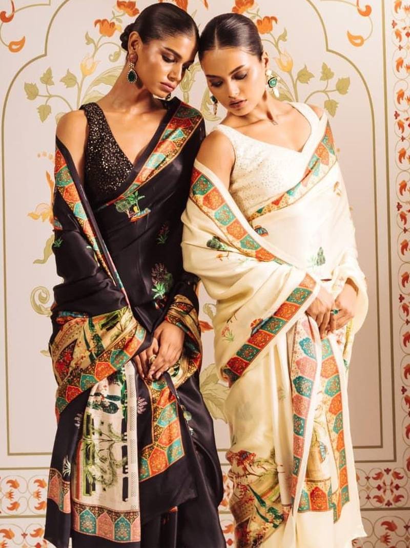 Off white ethnic motifs satin designer saree