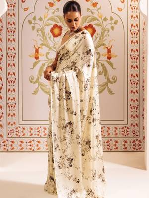 Off white floral satin designer saree 1