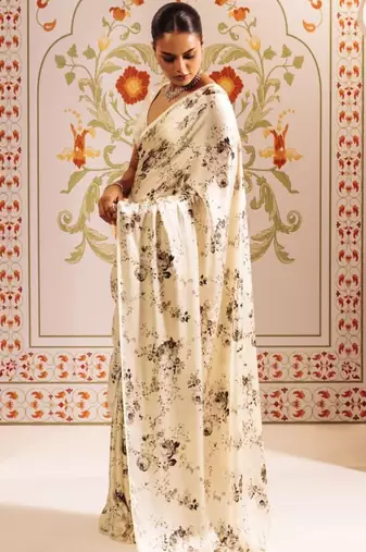 Off white floral satin designer saree