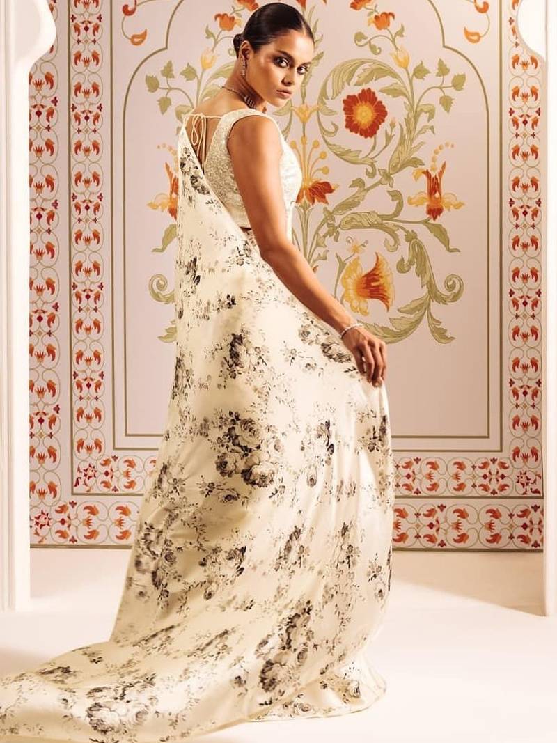 Off white floral satin designer saree
