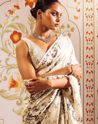 Off white floral satin designer saree 3